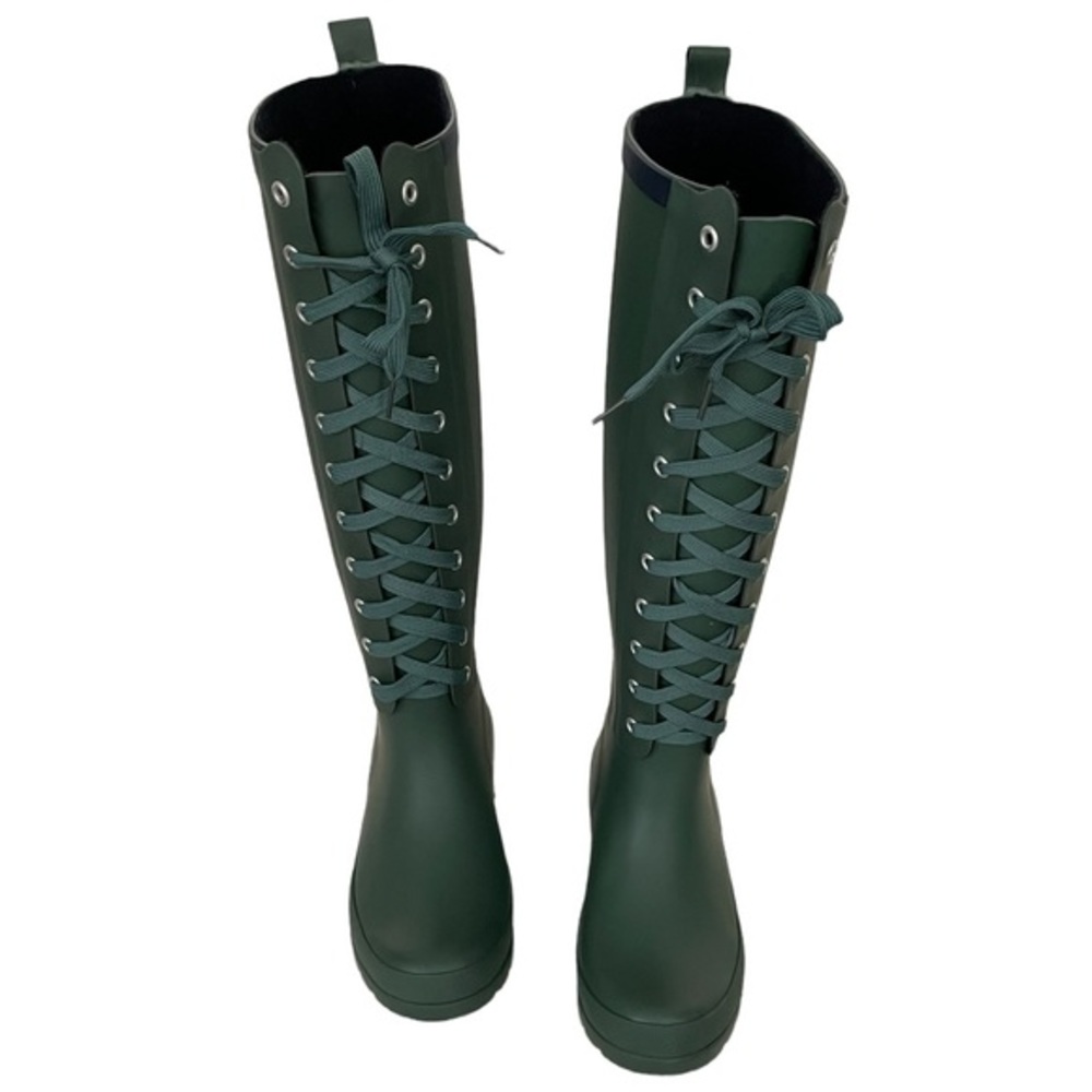 Lemon Lace Up Knee High Rain Boots In Green and Navy